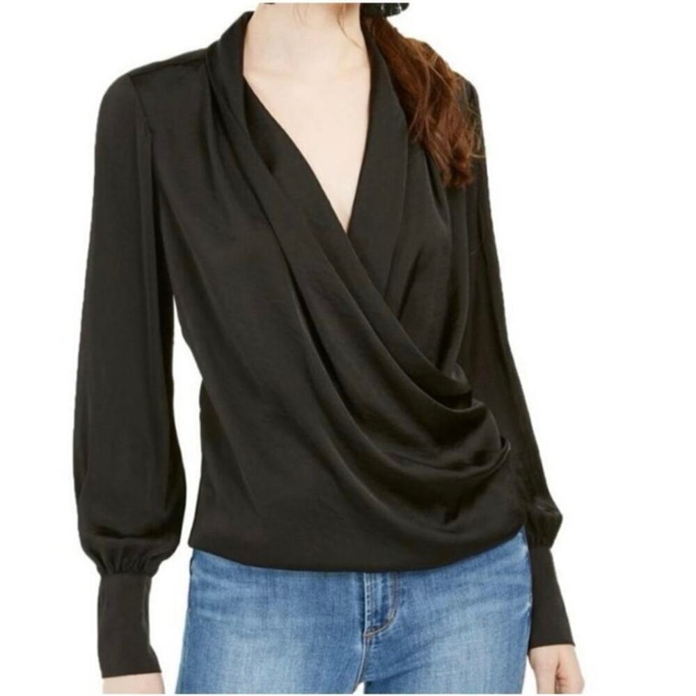 NWT Band of Gypsies Black Satin Balloon Sleeves Wrap Top Size Medium